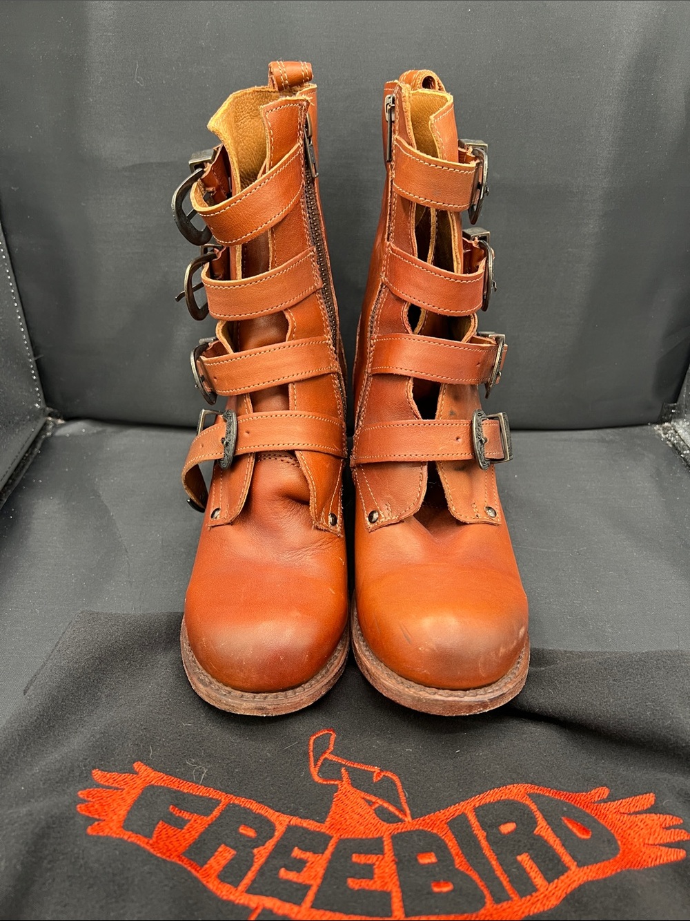 Freebird by Steven Cognac Brown Buckle Strap Heeled Boots - Picture 3 of 6